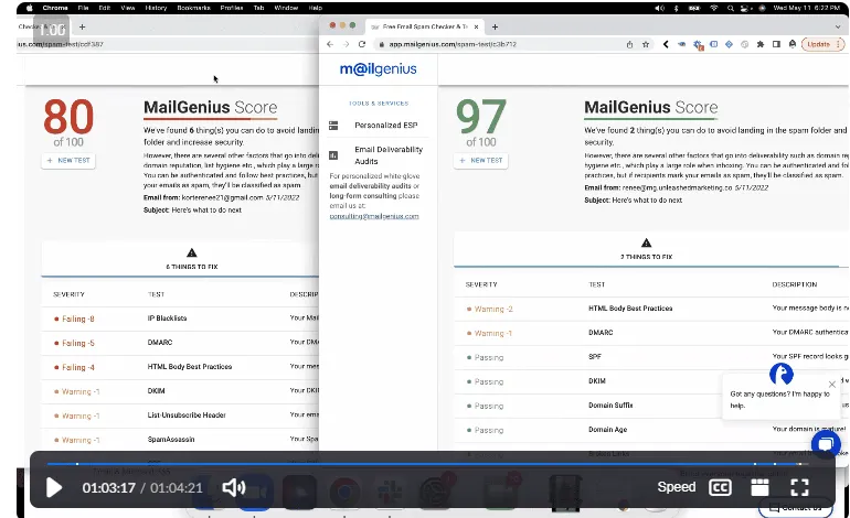 MailGenius before/after — 80 to 97 score improvement