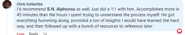 Chris Schlechta — recommends B.N. Alphonso after a 1:1 consult