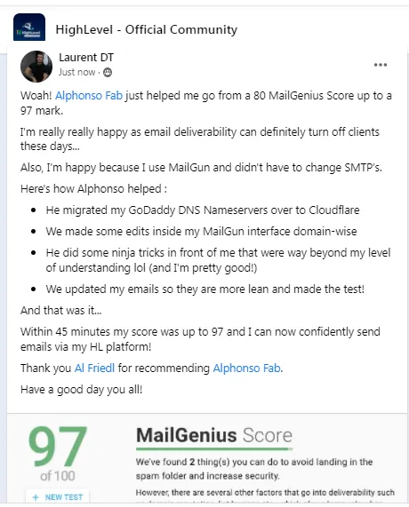 Laurent DT — MailGenius score jumped from 80 to 97 after working with Alphonso